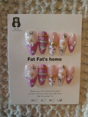 Fat Fat's Pink Floral Acrylic Press-On Nails with Gold Bangle Accents